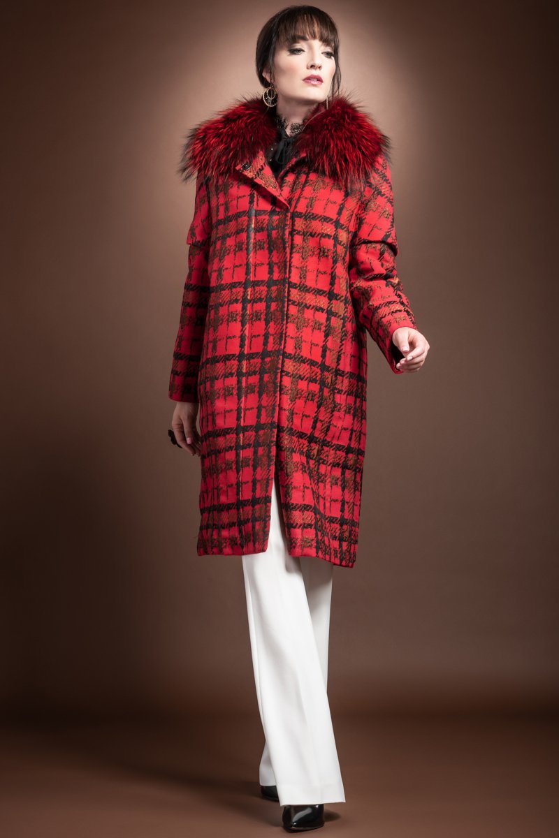 Red EM-EL Tweed Convertible Mid Length Mink Lined Fur Coat - Bright Red Silver Fox Fur Collar