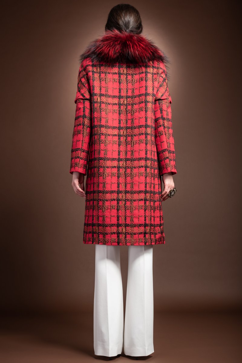 Red EM-EL Tweed Convertible Mid Length Mink Lined Fur Coat - Bright Red Silver Fox Fur Collar