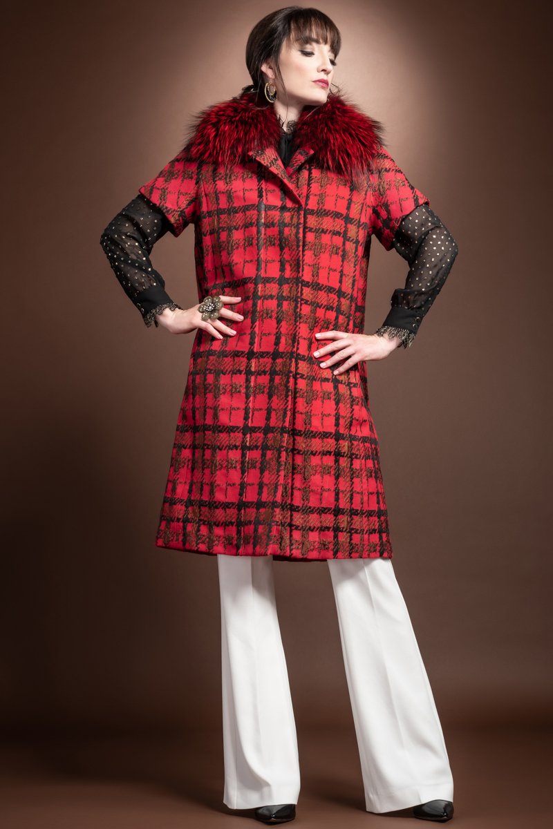 Red EM-EL Tweed Convertible Mid Length Mink Lined Fur Coat - Bright Red Silver Fox Fur Collar