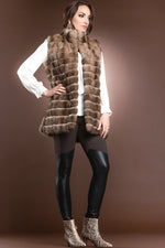 Light Brown EM-EL Sable Patchwork Fur Vest - Stand-Up Collar