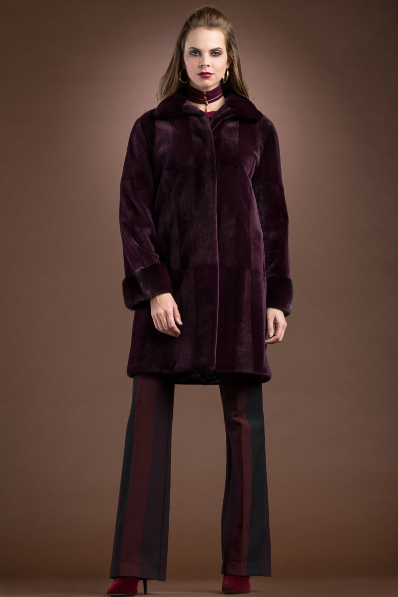 Plum EM-EL Sheared & Long Haired Mink Mid-Length Fur Coat - Brick Pattern