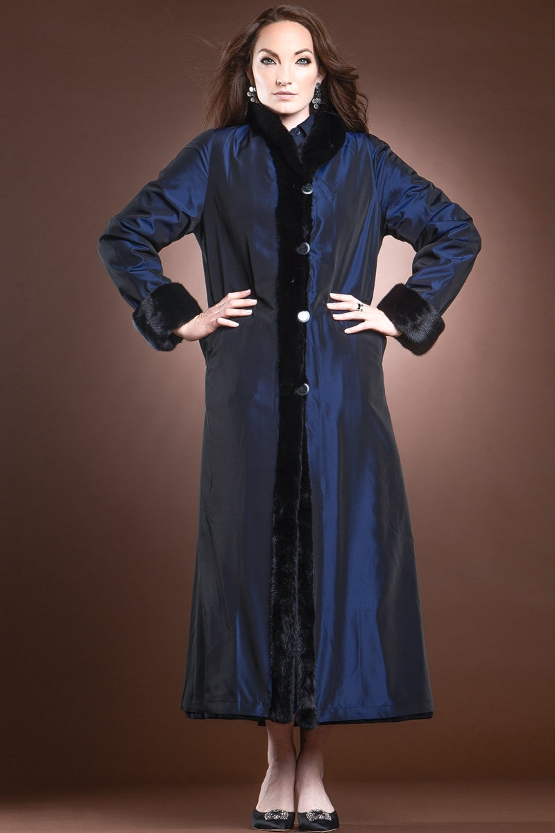 NavyBlue EM-EL Reversible Sheared and Long Haired Mink Fur Coat