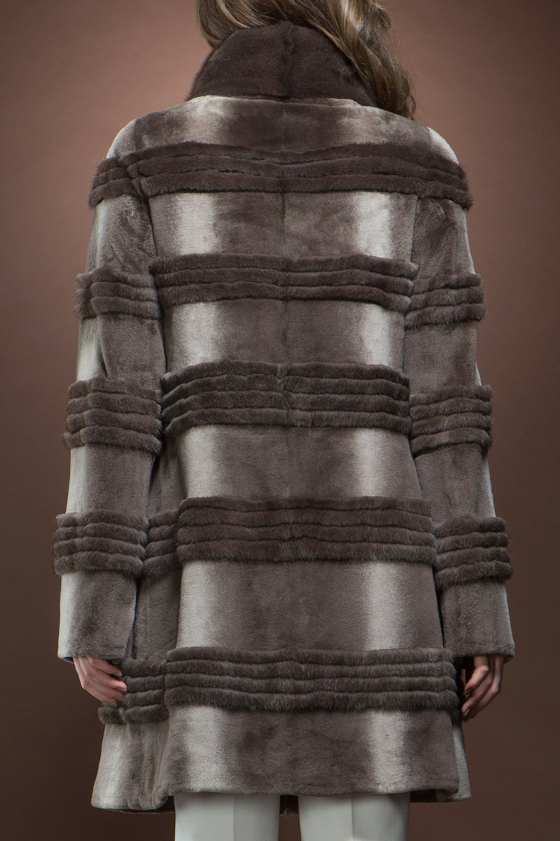  GrayBrown EM-EL Micro Sheared and Long Haired Mink Mid-Length Fur Coat