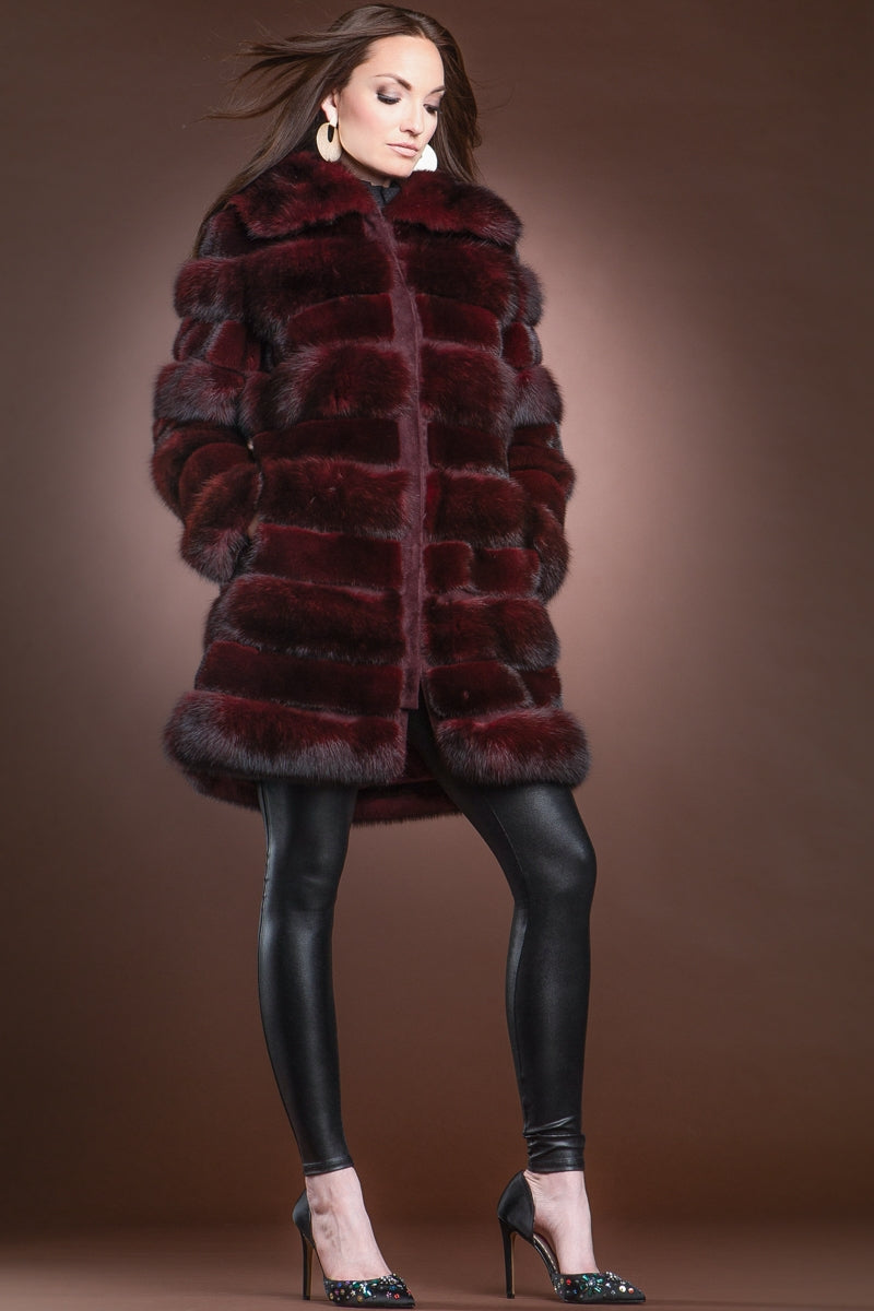  Zac Posen Red Jewel Horizontal Zip-Up Sable and Mink Mid-Length Fur Coat