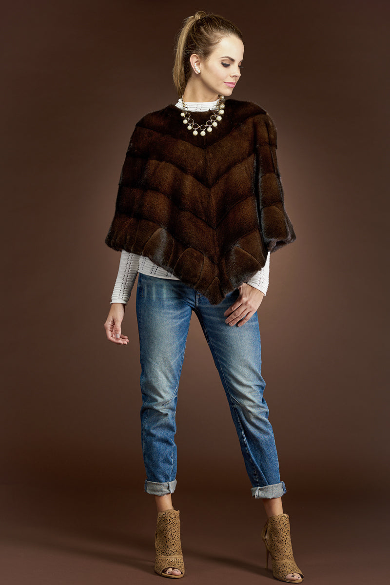 mahogany EM-EL Diagonal Mink Fur Poncho-Brick Border Pattern