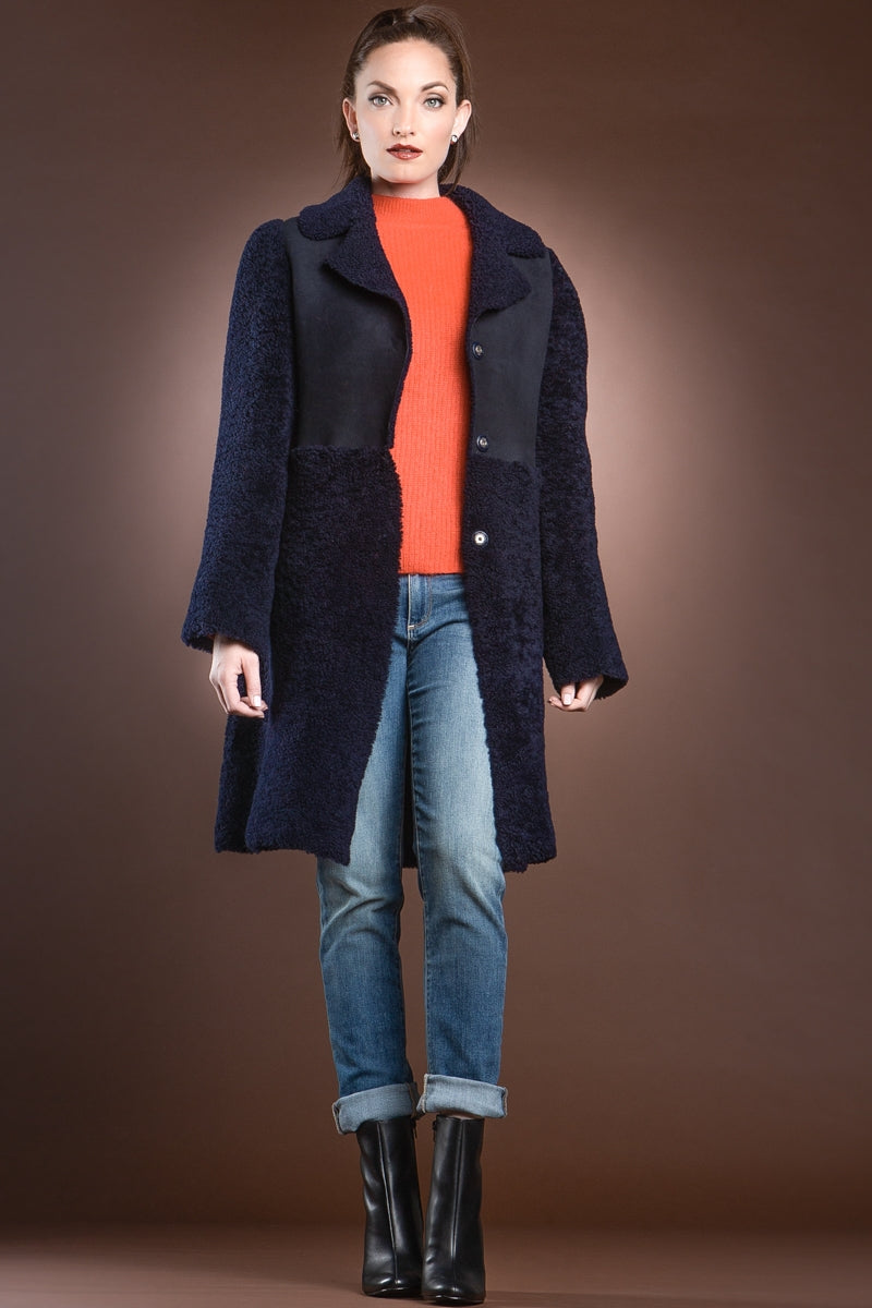  EM-EL Navy Blue Double Faced Mid-Length Shearling Coat