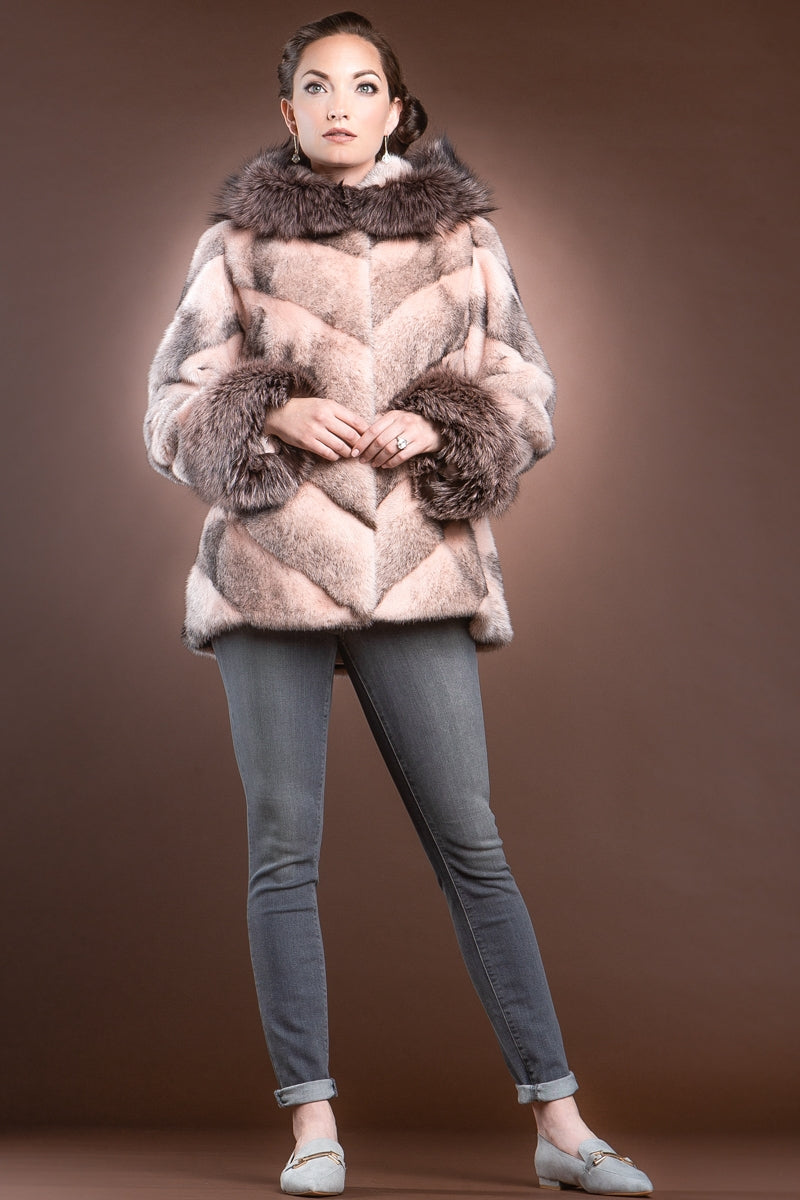 BabyPink Chalue Hooded Directional Chevron Mink Fur Jacket - Fox Fur Hood Trim and Cuffs