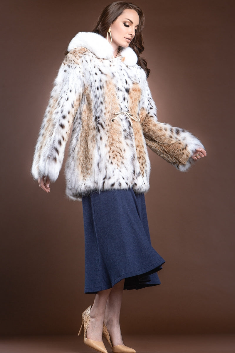 NaturalMultiWhite Zandra Rhodes Hooded American Lynx and Fox Anorak Fur Jacket