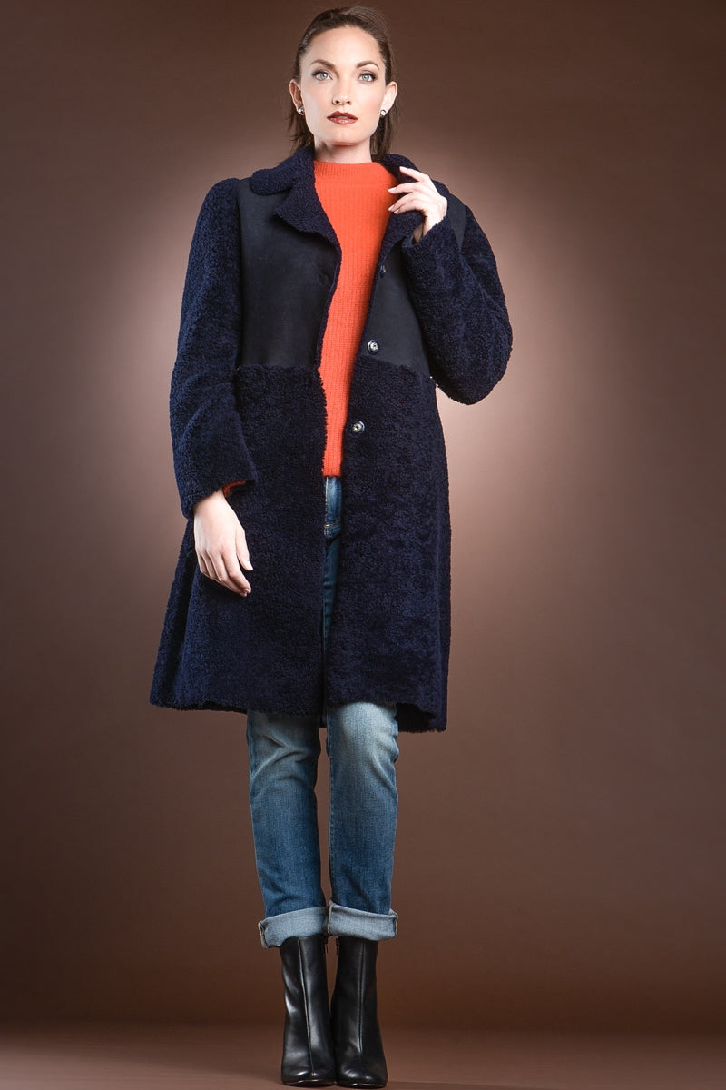  EM-EL Navy Blue Double Faced Mid-Length Shearling Coat