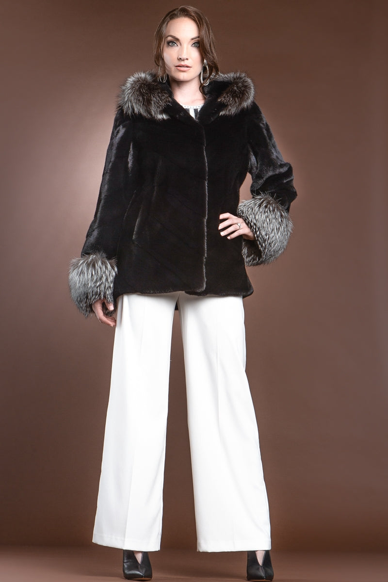 Black Chalue Hooded Directional Chevron Mink Fur Jacket - Fox Fur Hood Trim and Cuffs