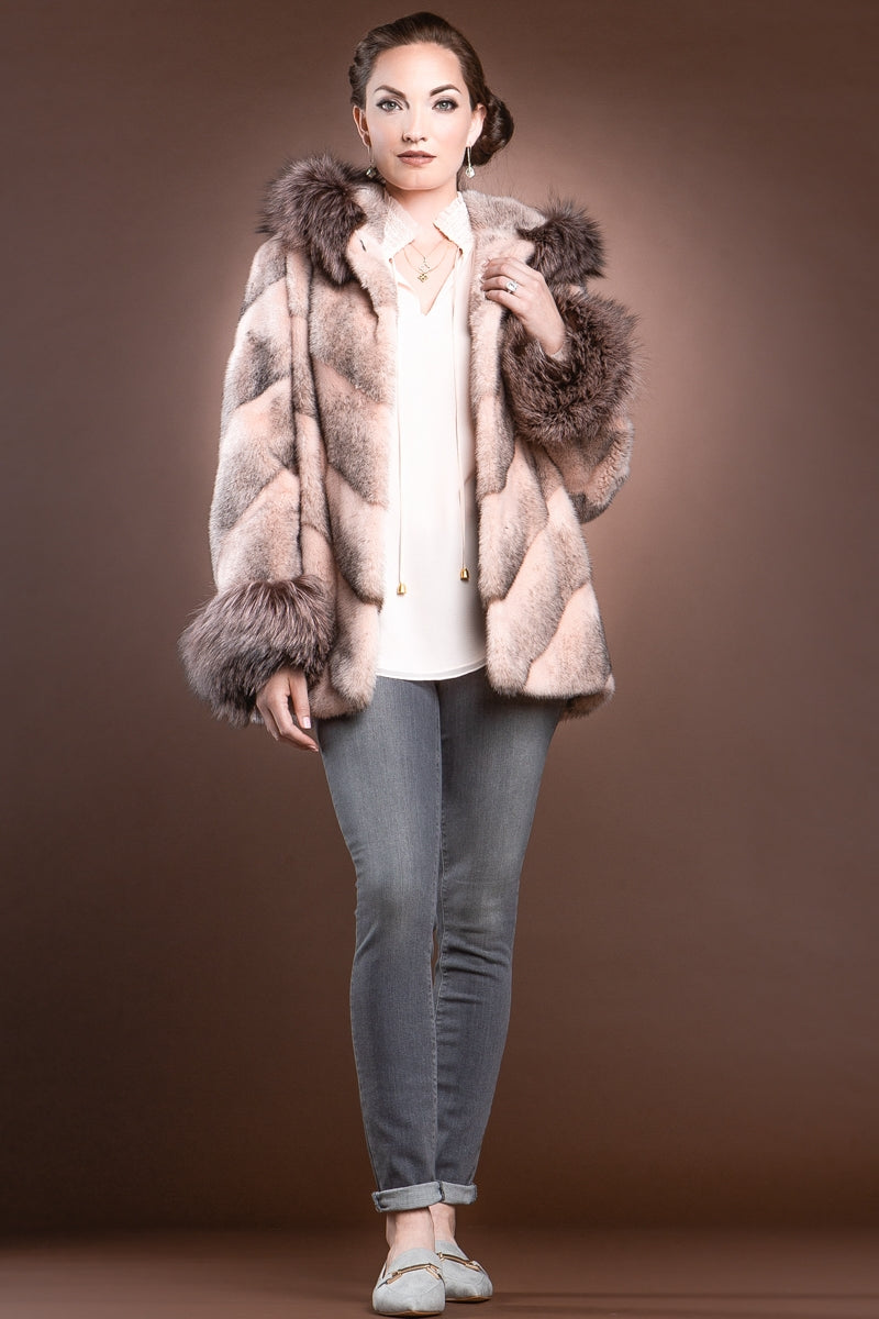 BabyPink Chalue Hooded Directional Chevron Mink Fur Jacket - Fox Fur Hood Trim and Cuffs