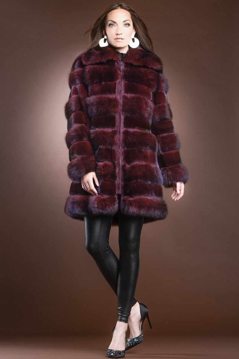  Zac Posen Red Jewel Horizontal Zip-Up Sable and Mink Mid-Length Fur Coat