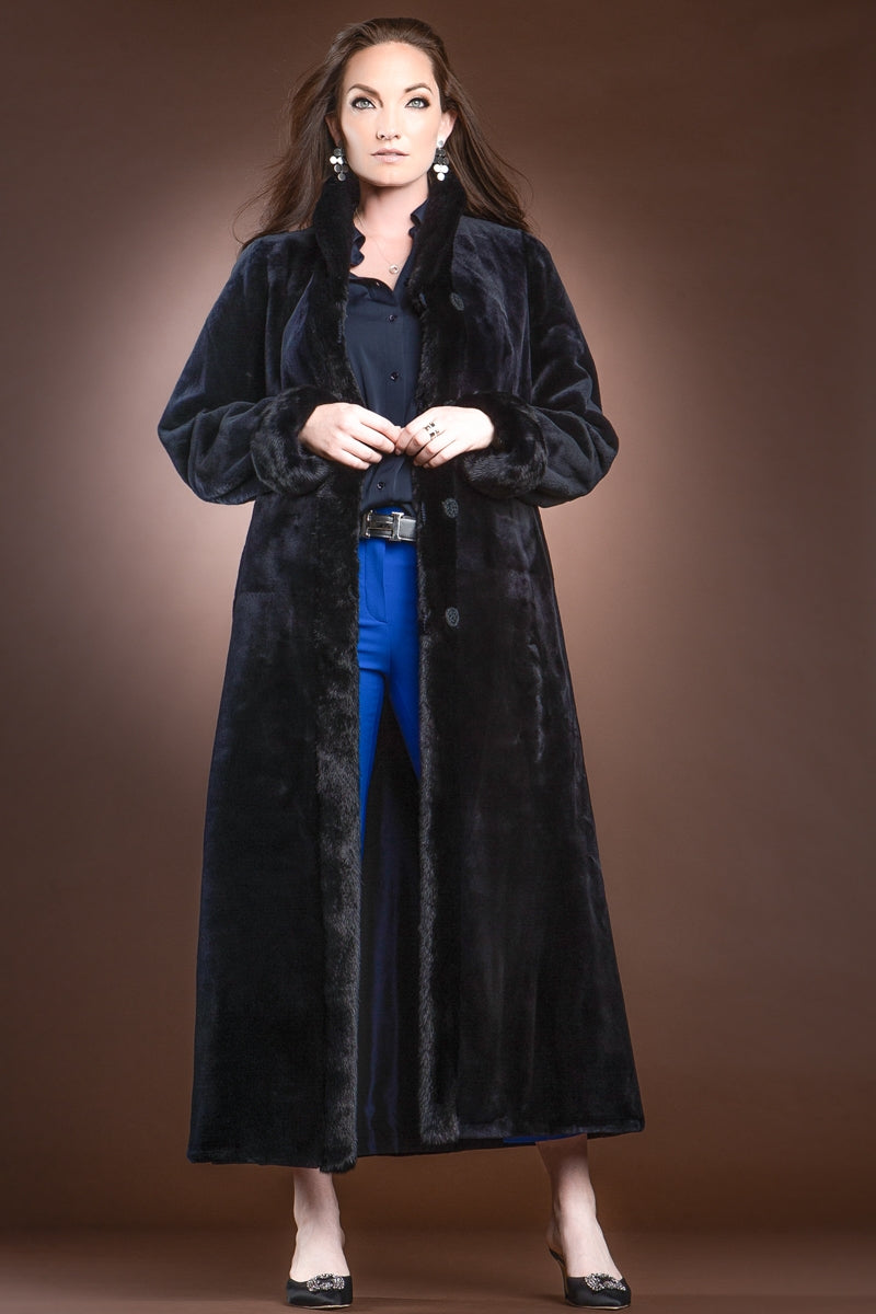 NavyBlue EM-EL Reversible Sheared and Long Haired Mink Fur Coat