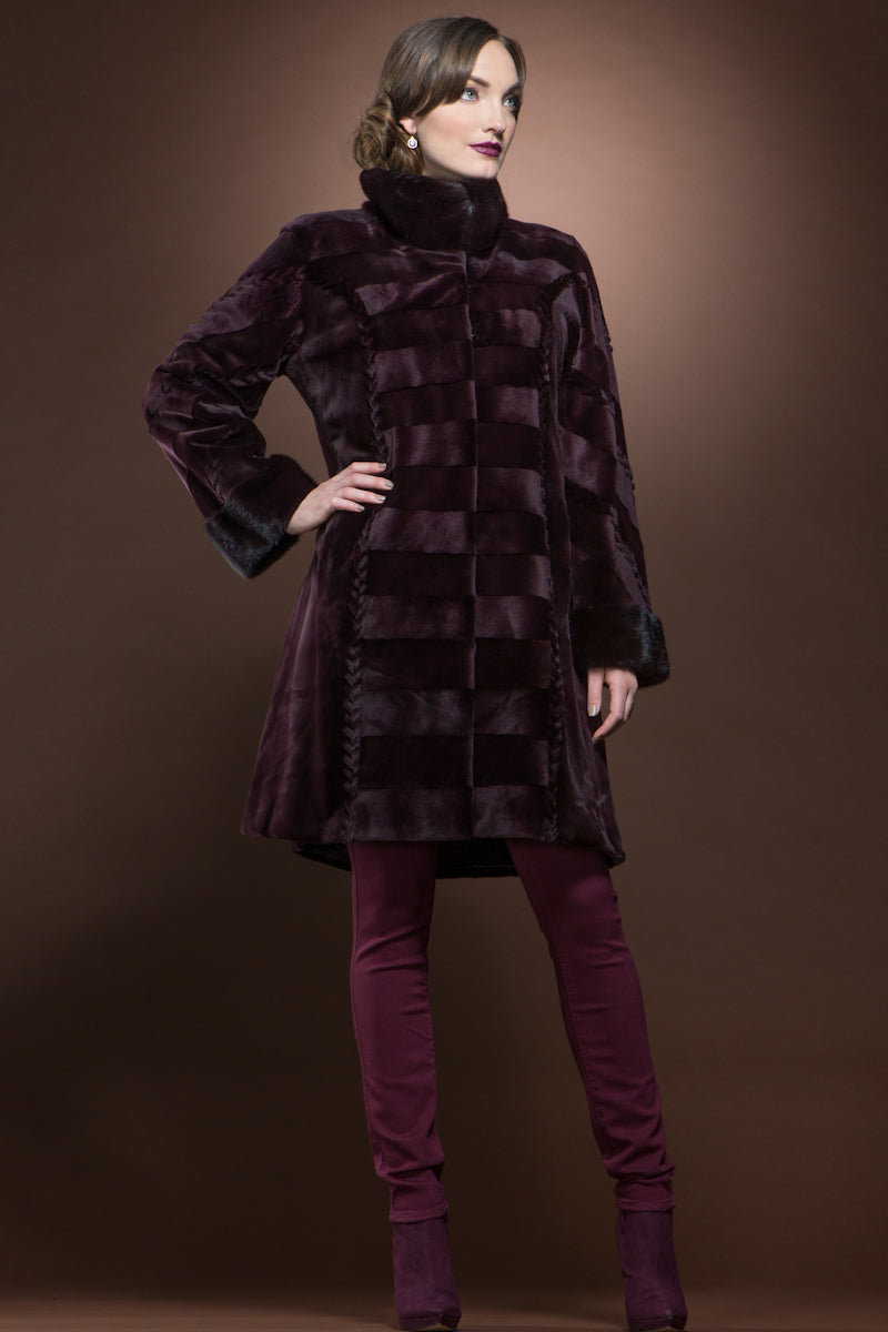 Burgundy Sheared & Long Haired Mink Mid-Length Fur Coat