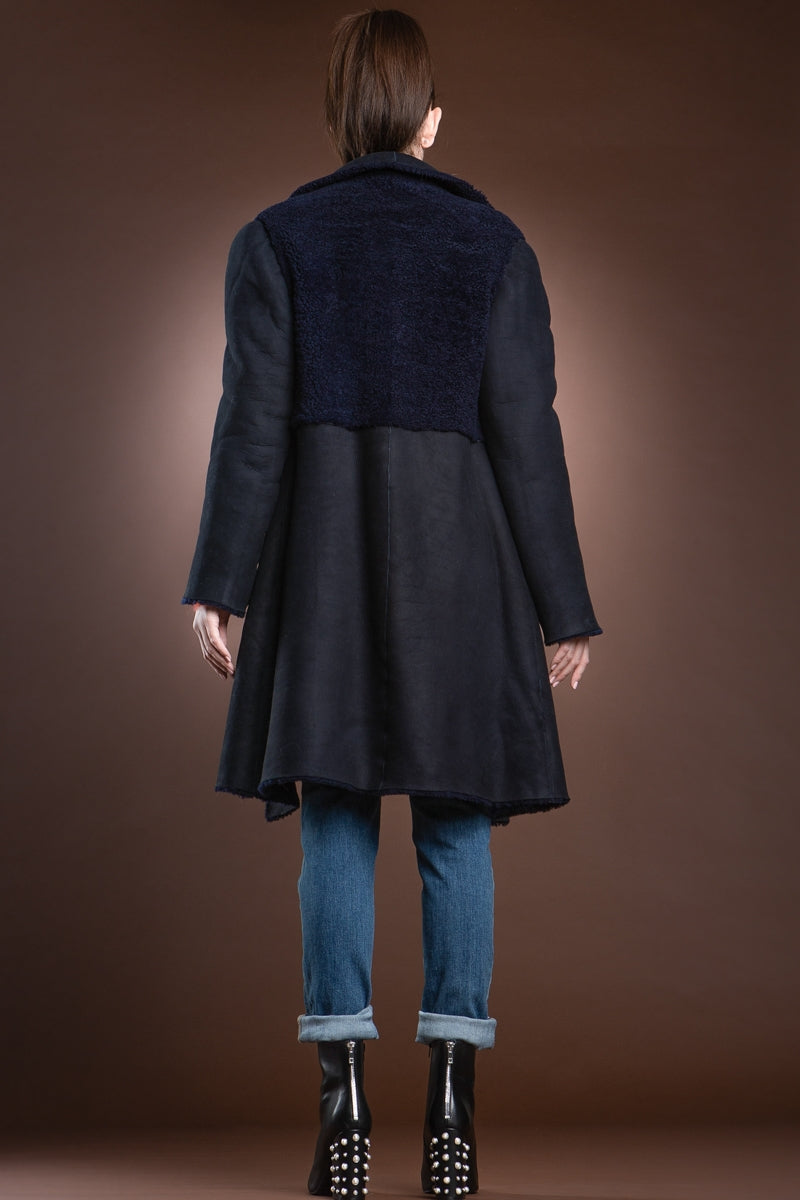  EM-EL Navy Blue Double Faced Mid-Length Shearling Coat