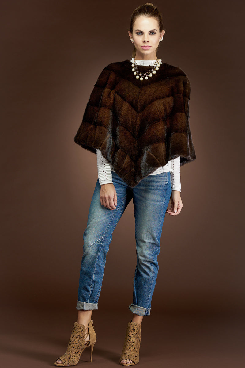 mahogany EM-EL Diagonal Mink Fur Poncho-Brick Border Pattern