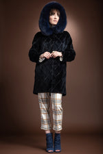 NavyBlue EM-EL Hooded Fox Fur Trimmed Sueded Diamond Pattern Mid Length Sheared Mink Fur Coat