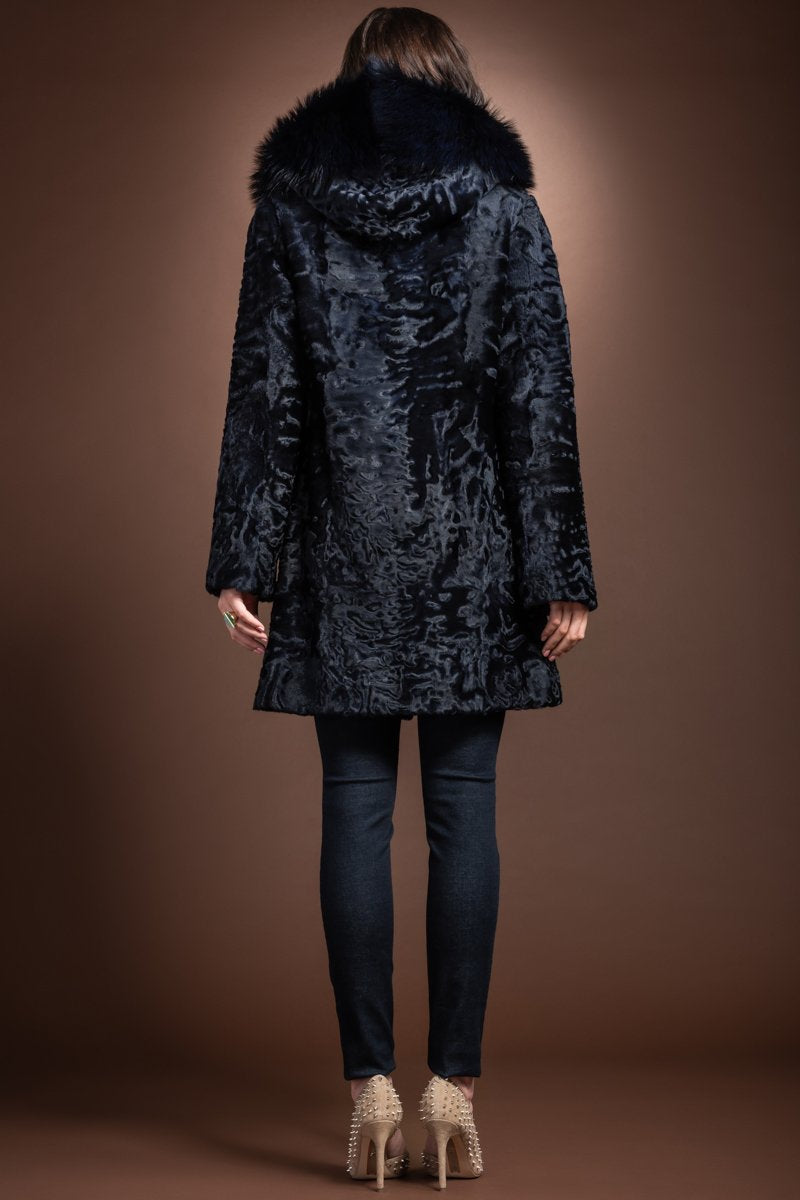 NavyBlue EM-EL Hooded Fox Fur Trimmed A-Line Mid Length Karakul Fur Coat