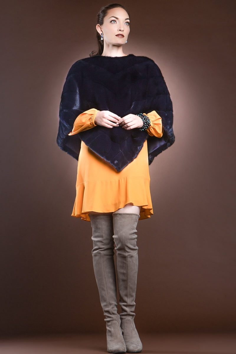 navyblue EM-EL Diagonal Mink Fur Poncho-Brick Border Pattern