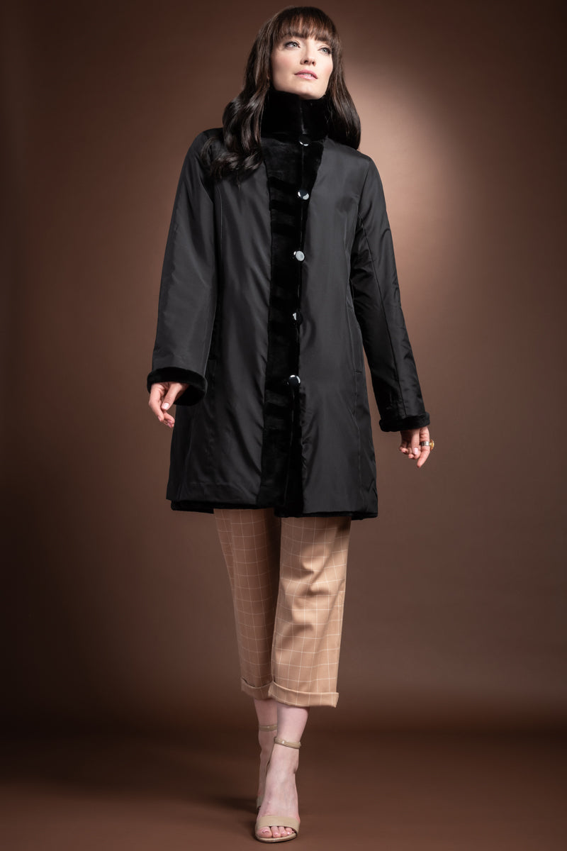 Black EM-EL Reversible Sheared & Long Haired Mink Diagonal Mid-Length Fur Coat