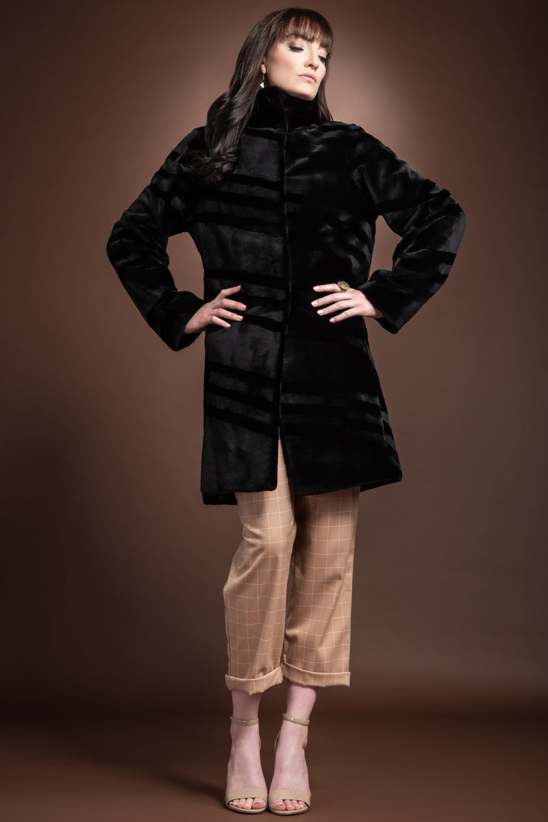 Black EM-EL Reversible Sheared & Long Haired Mink Diagonal Mid-Length Fur Coat