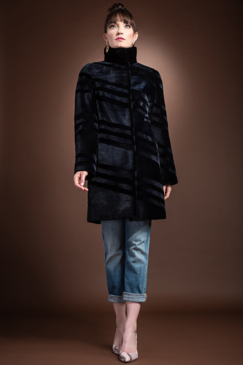 NavyBlue EM-EL Reversible Sheared & Long Haired Mink Diagonal Mid-Length Fur Coat