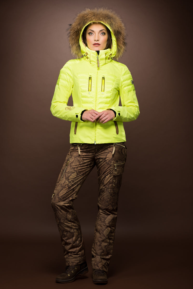  Bogner Nica-DT Down Glowing Green Ski Jacket & Raccoon Fur Trim