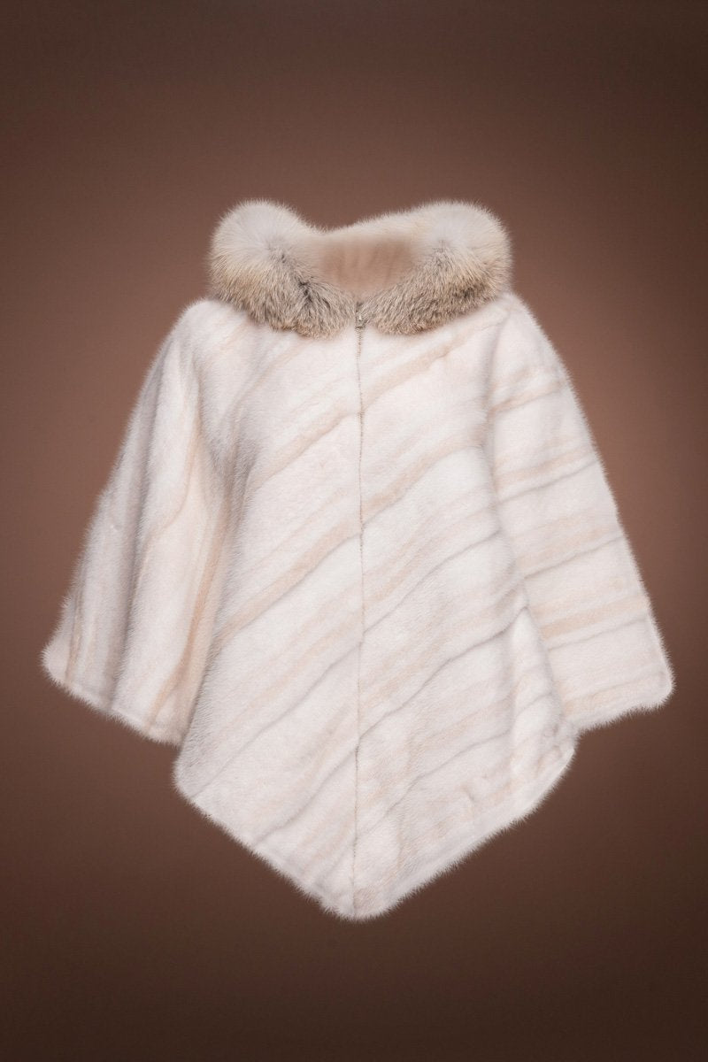 PearlCross EM-EL Women's Diagonal & White Mink Fur Poncho - Fox Trimmed Hood