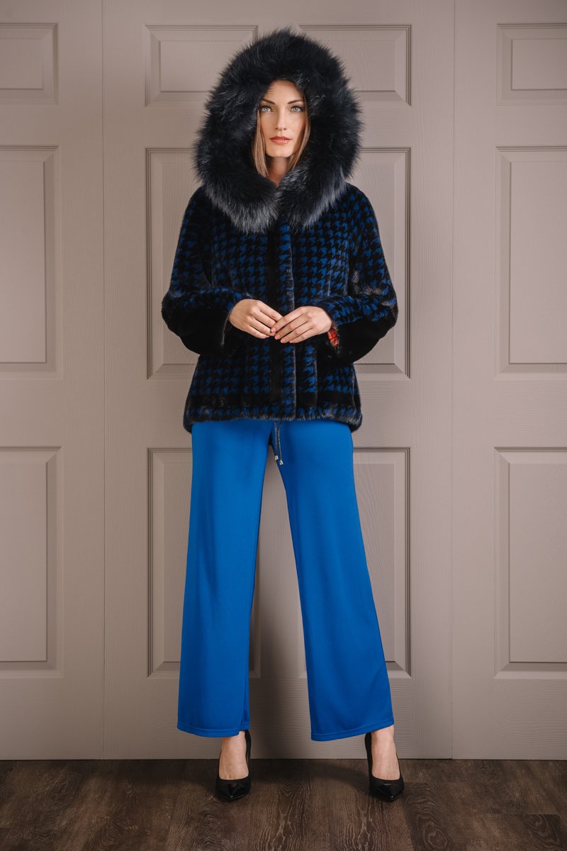 RoyalBlue/Black EM-EL Women's Houndstooth Print Mink Fur Jacket - Fox Fur Hood Trim