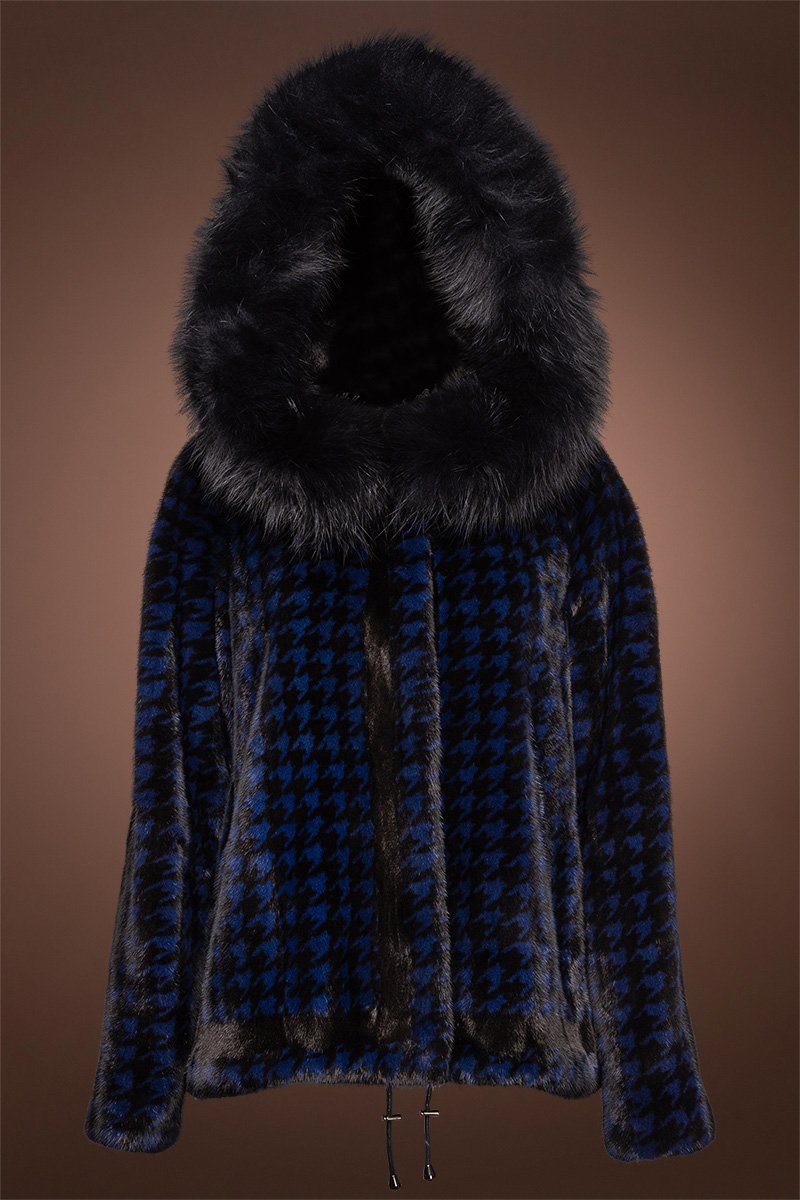 RoyalBlue/Black EM-EL Women's Houndstooth Print Mink Fur Jacket - Fox Fur Hood Trim