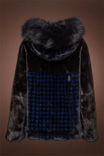 RoyalBlue/Black EM-EL Women's Houndstooth Print Mink Fur Jacket - Fox Fur Hood Trim