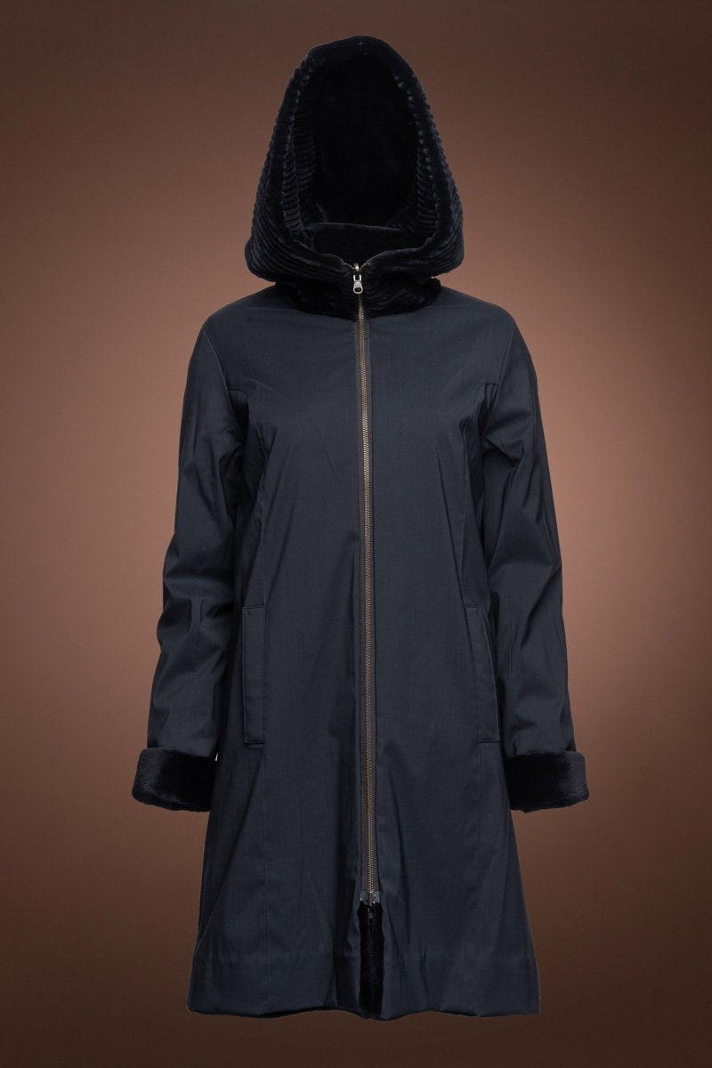 NavyBlue EM-EL Women's Reversible Hooded Grooved Sheared Mid-Length Mink Fur Coat