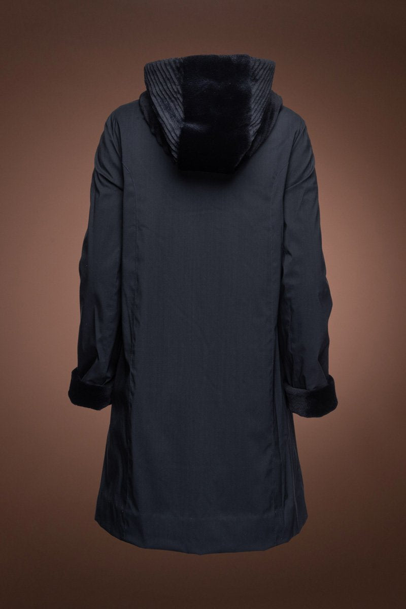 NavyBlue EM-EL Women's Reversible Hooded Grooved Sheared Mid-Length Mink Fur Coat