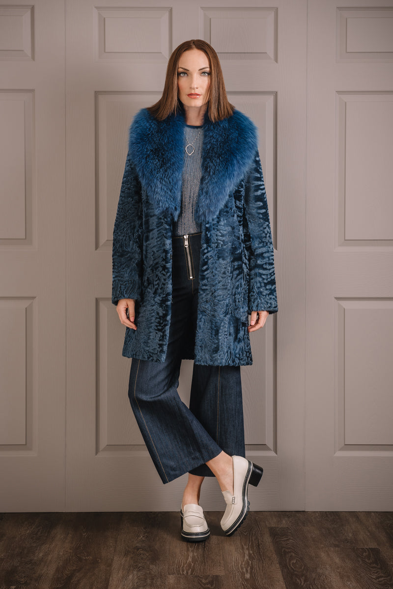 IndigoBlue EM-EL Mid-Length Karakul Fur Coat - Fox Fur Collar