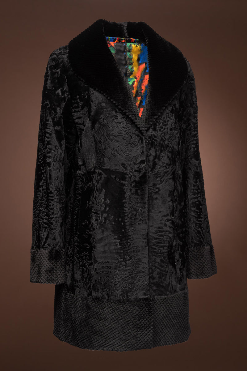 Black EM-EL Broadtail & Pineapple Grooved Mid-Length Mink Fur Coat