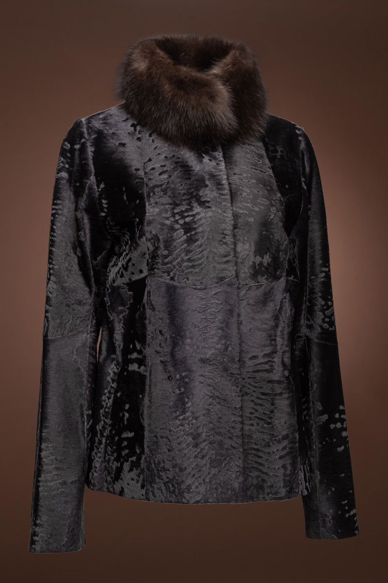 Charcoal  EM-EL Broadtail Fur Jacket - Russian Sable Fur Collar