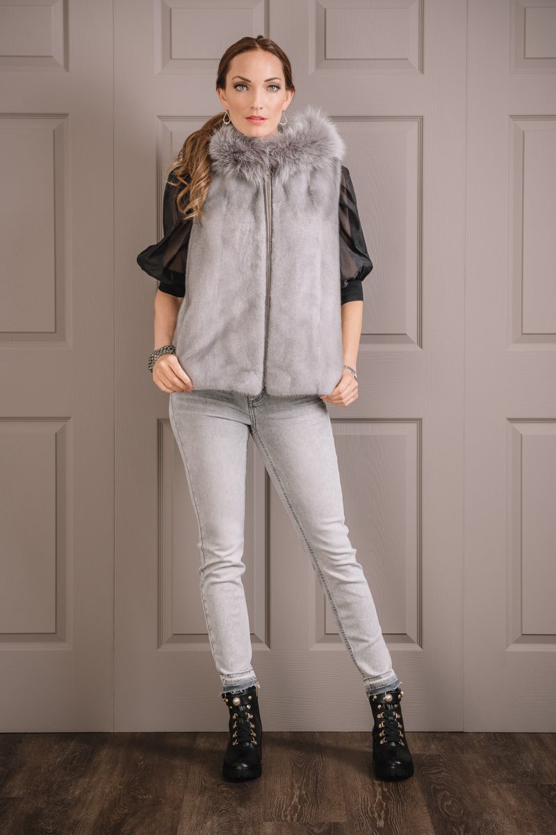 Sapphire Hooded Zip-Up Mink Fur Vest - Fox Fur Hood Trim