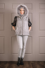 Hooded Zip-Up Sapphire Mink Fur Vest - Fox Fur Hood Trim