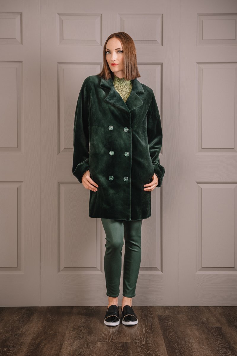 HunterGreen EM-EL Women's Sheared Mink Fur Pea Coat