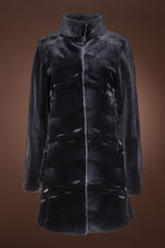 NavyBlue Loro Piana Women's Reversible Ribbon Chevron Sheared Mid-Length Mink Fur Coat 