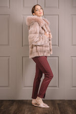 PinkCross EM-EL Women's Horizontal Cross Mink Fur Jacket - Fox Fur Hood Trim