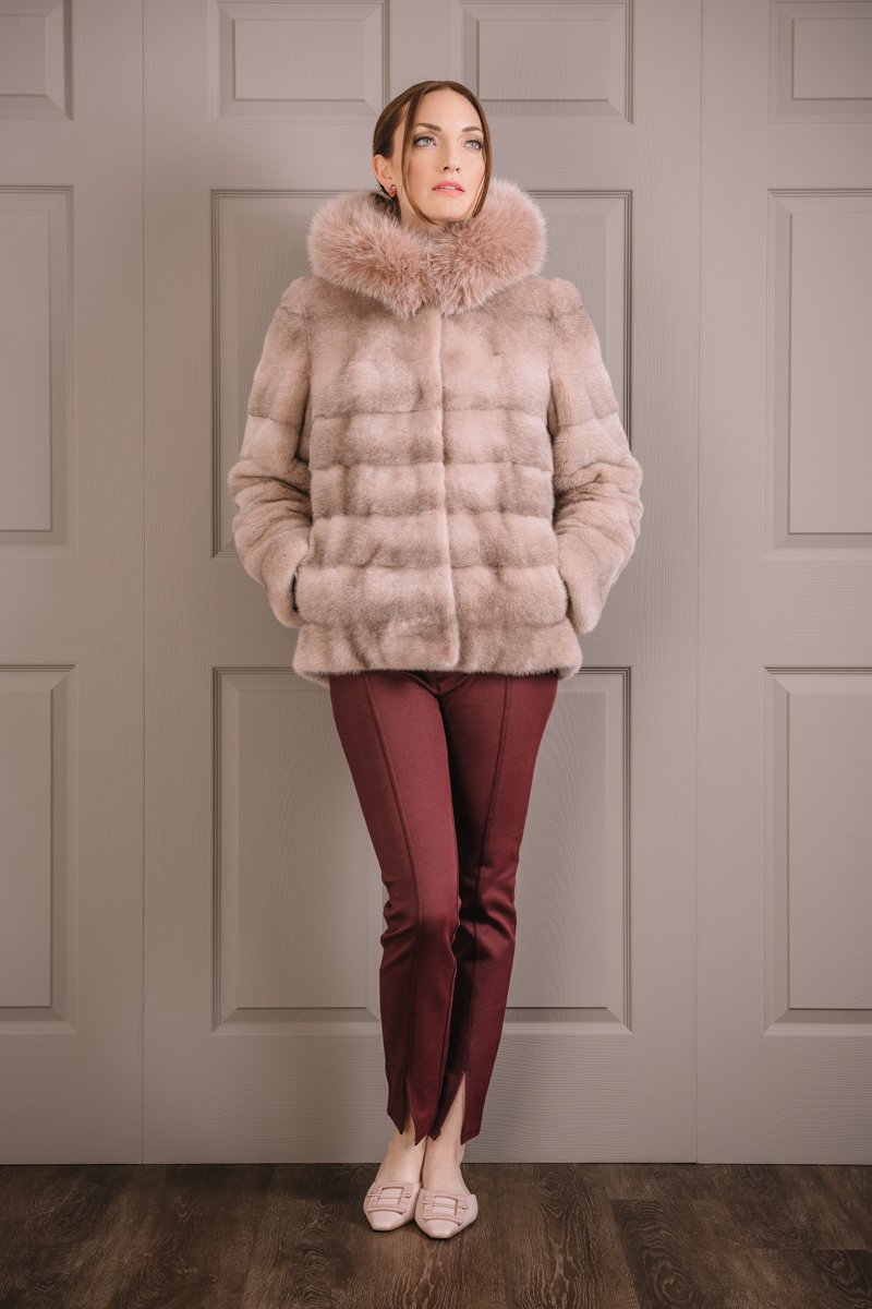 PinkCross EM-EL Women's Horizontal Cross Mink Fur Jacket - Fox Fur Hood Trim