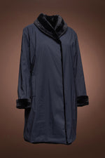 NavyBlue Loro Piana Women's Reversible Border Pattern Sheared Mid-Length Mink Fur Coat 