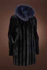 NavyBlue EM-EL Grooved Sheared Mink & Fox Fur Coat