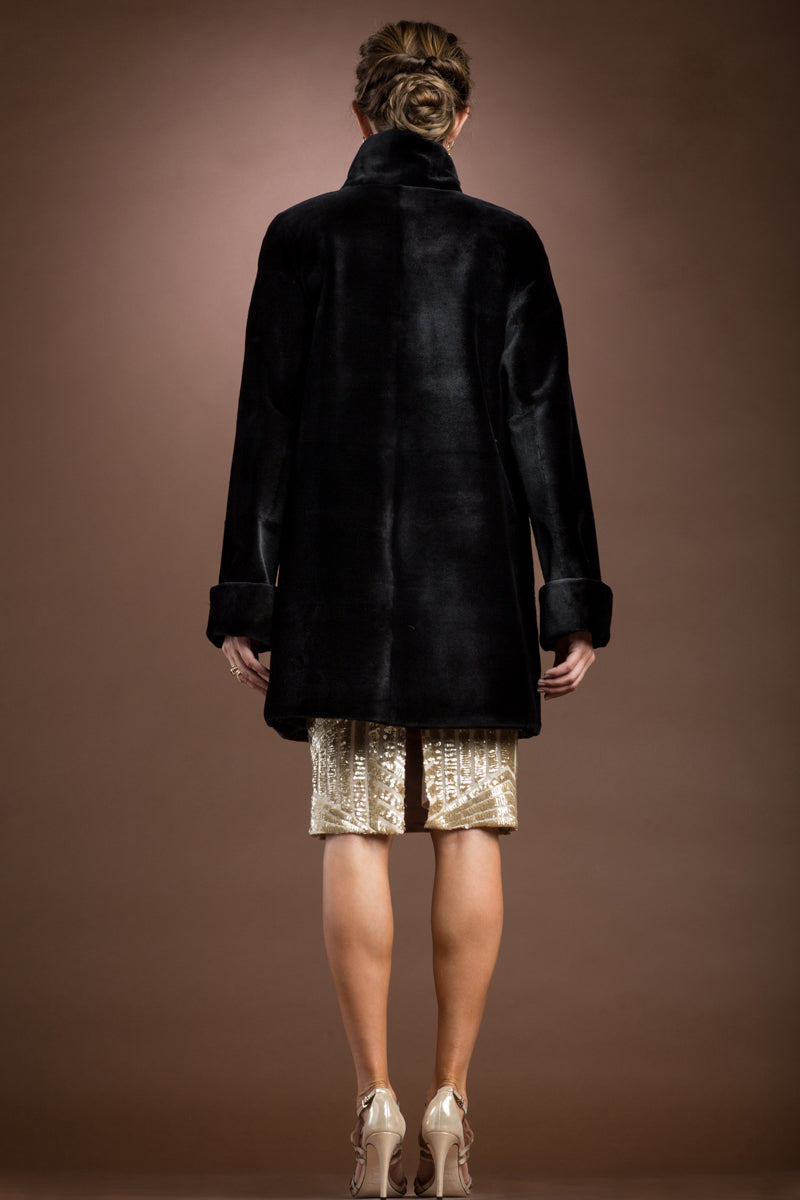 Black Zandra Rhodes Reversible Super Sheared Mink Mid-Length Fur Coat