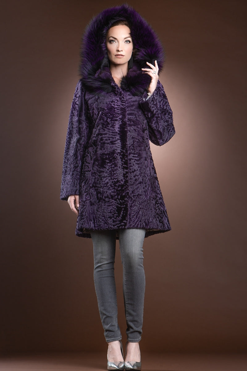 Purple EM-EL Hooded Purple Karakul Mid-Length Fur Coat - Purple Fox Trim