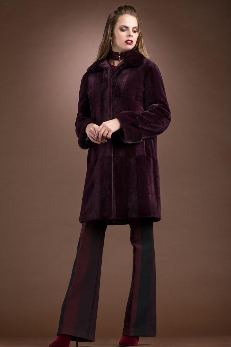  EM-EL Sheared & Long Haired Mink Mid-Length Fur Coat - Brick Pattern