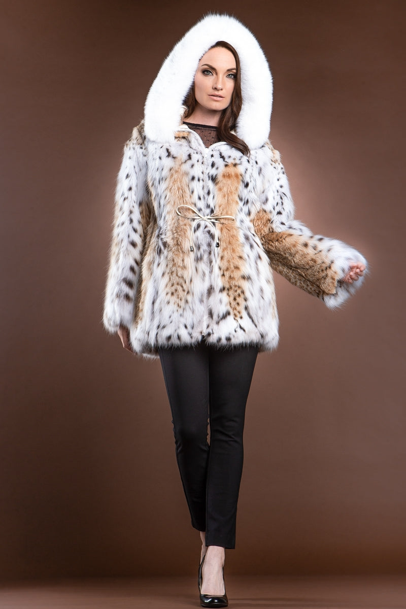 NaturalMultiWhite Zandra Rhodes Hooded American Lynx and Fox Anorak Fur Jacket