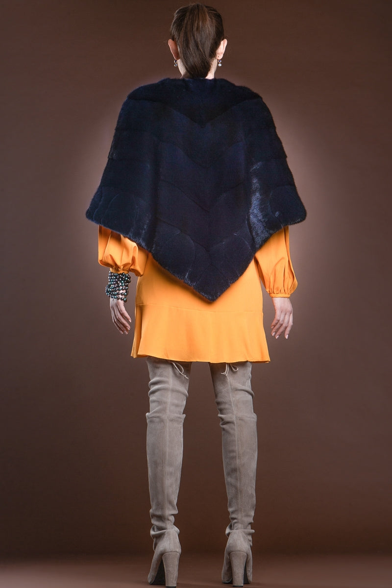 navyblue EM-EL Diagonal Mink Fur Poncho-Brick Border Pattern