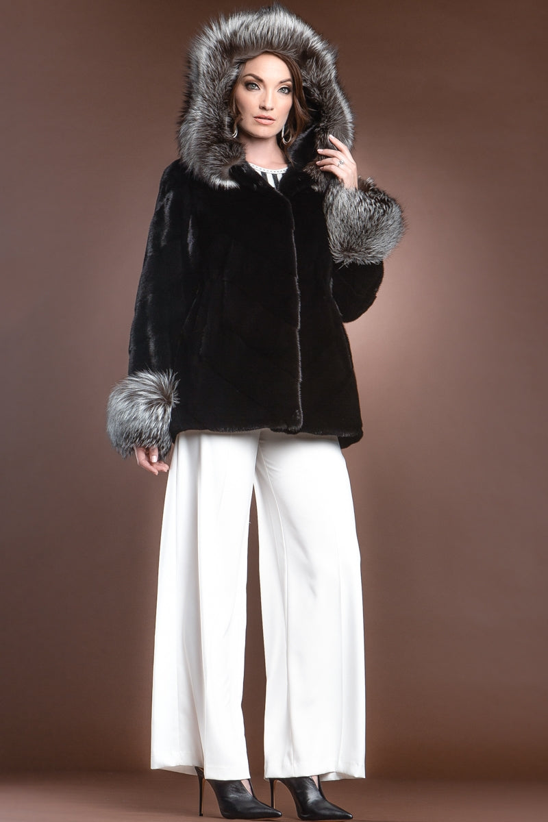 Black Chalue Hooded Directional Chevron Mink Fur Jacket - Fox Fur Hood Trim and Cuffs